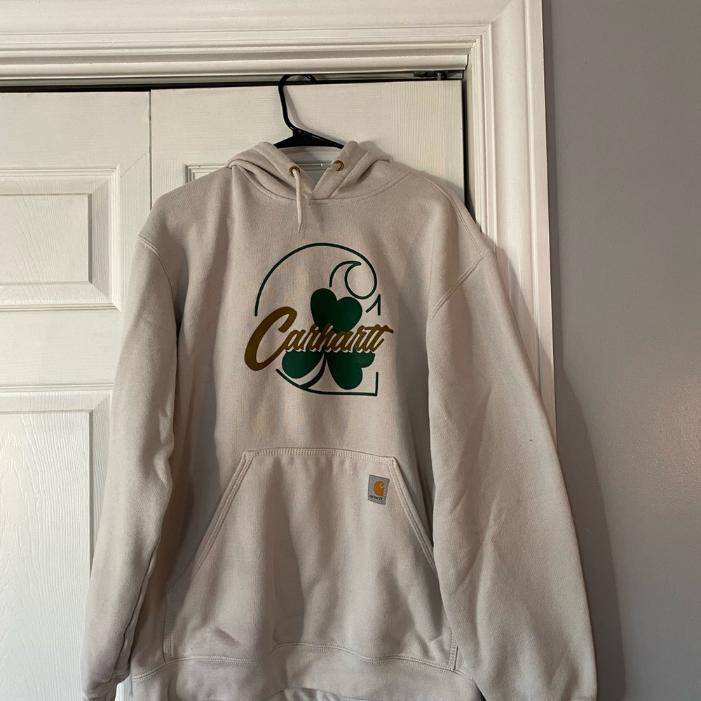 Carhartt Cream Hoodie with Green and Gold Logo
